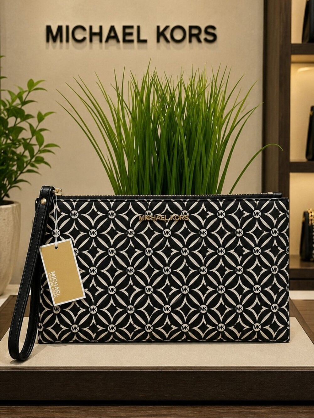 Michael Kors Jet Set Black & Cream Geometric Logo Clutch Large Wristlet Bag
